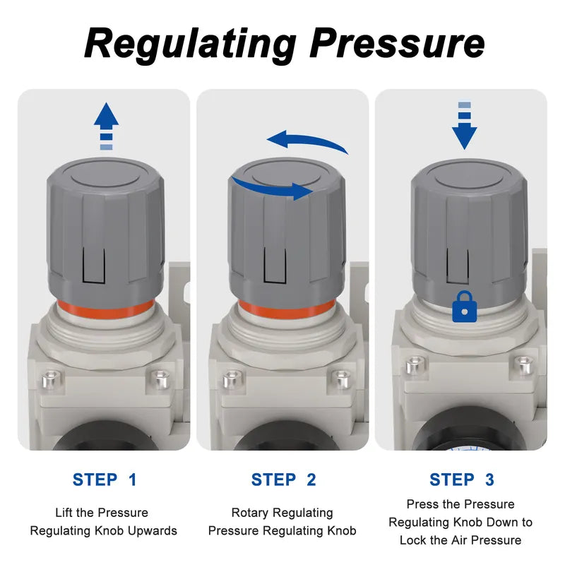 Pressure regulating instructions for airzoe AC3010-03 compressed air filter regulator lubricator combo showing lift, rotate and press knob steps