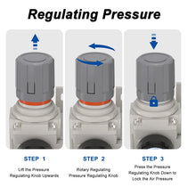 Pressure regulating instructions for airzoe AC3010-03 compressed air filter regulator lubricator combo showing lift, rotate and press knob steps