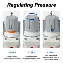 Pressure regulating instructions for airzoe AC3010-03 compressed air filter regulator lubricator combo showing lift, rotate and press knob steps