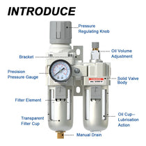 Parts structure of airzoe AC3010-03 filter regulator lubricator combo with pressure regulating knob, precision pressure gauge, filter element, oil volume adjustment, oil cup and semi-auto drain