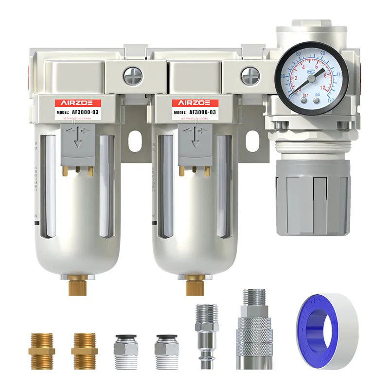 airzoe AC3110-03 3/8 inch NPT double air compressor filter and air pressure regulator combo kit with 0-145 PSI gauge, 5 micron brass element, semi-auto drain and fittings