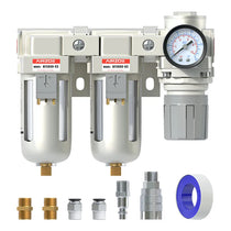 airzoe AC3110-03 3/8 inch NPT double air compressor filter and air pressure regulator combo kit with 0-145 PSI gauge, 5 micron brass element, semi-auto drain and fittings