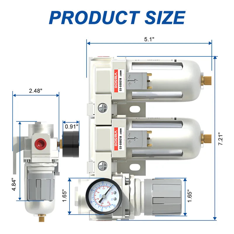 Size dimensions of airzoe AC3110-03 3/8 inch NPT double air compressor filter and air pressure regulator combo with 0-145 PSI gauge