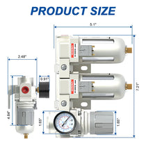 Size dimensions of airzoe AC3110-03 3/8 inch NPT double air compressor filter and air pressure regulator combo with 0-145 PSI gauge