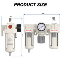 Size dimensions of airzoe AC4000-04 1/2 inch NPT FRL filter regulator lubricator combo with 0-150 PSI gauge