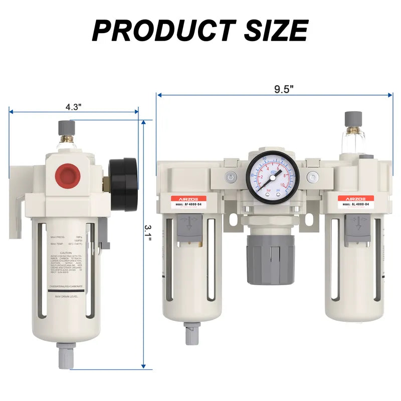 Size dimensions of airzoe AC4000-04 1/2 inch NPT FRL filter regulator lubricator combo with 0-150 PSI gauge