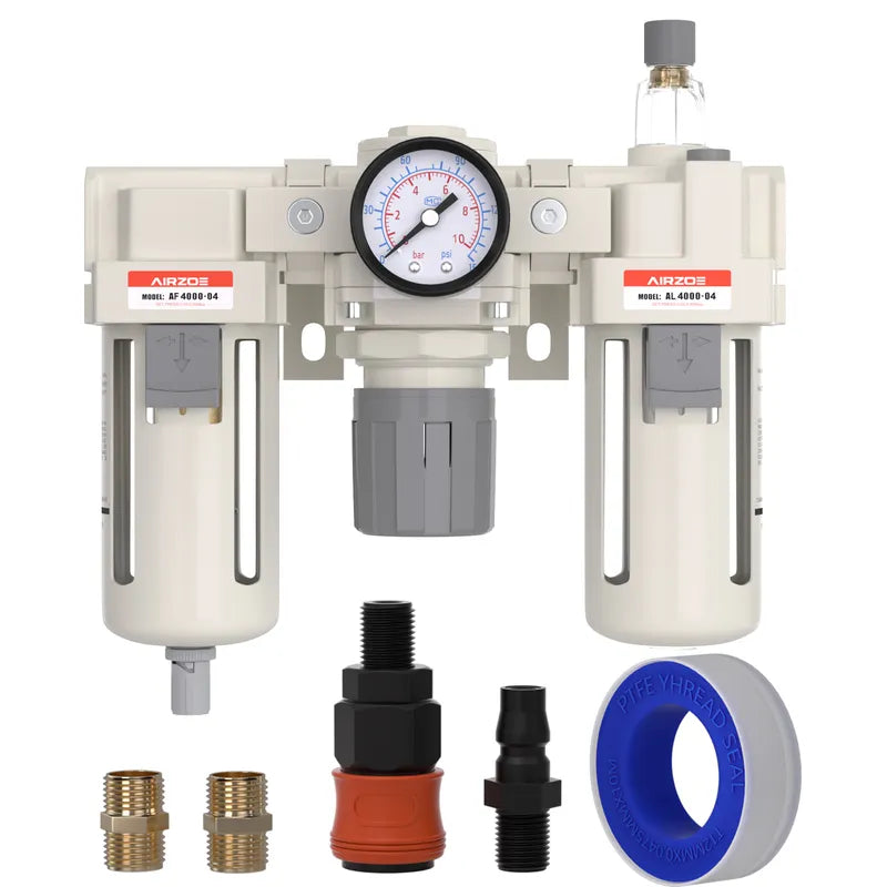 airzoe AC4000-04 1/2 inch NPT air compressor filter, regulator and lubricator combo kit with 0-150 PSI gauge, 5 micron brass element, semi-auto drain and fittings