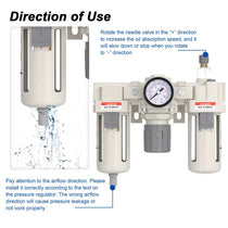 Airflow direction and oil volume adjustment warning for airzoe AC4000-04 air compressor filter regulator lubricator combo