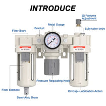 Parts structure of airzoe AC4000-04 FRL combo with filter body, lubricator body, metal gauge, pressure regulating knob, oil volume adjustment and semi-auto drain
