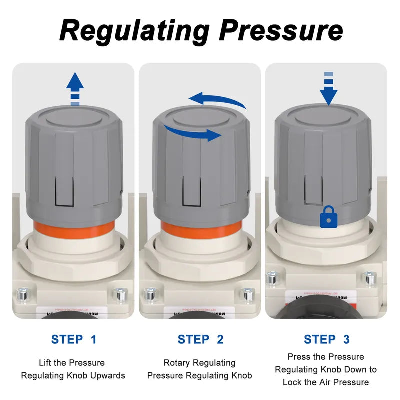 Pressure regulating instructions for airzoe AC4000-04 air compressor filter regulator lubricator combo showing lift, rotate and press knob steps