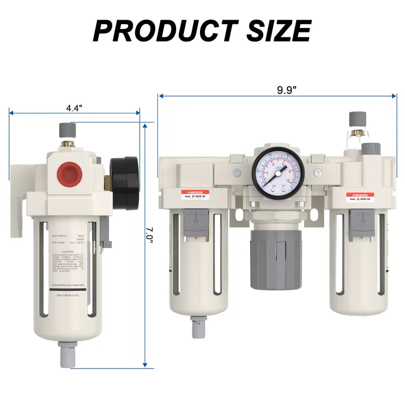 Size dimensions of airzoe AC4000-06 3/4 inch NPT FRL filter regulator lubricator combo with 0-150 PSI gauge