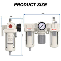 Size dimensions of airzoe AC4000-06 3/4 inch NPT FRL filter regulator lubricator combo with 0-150 PSI gauge