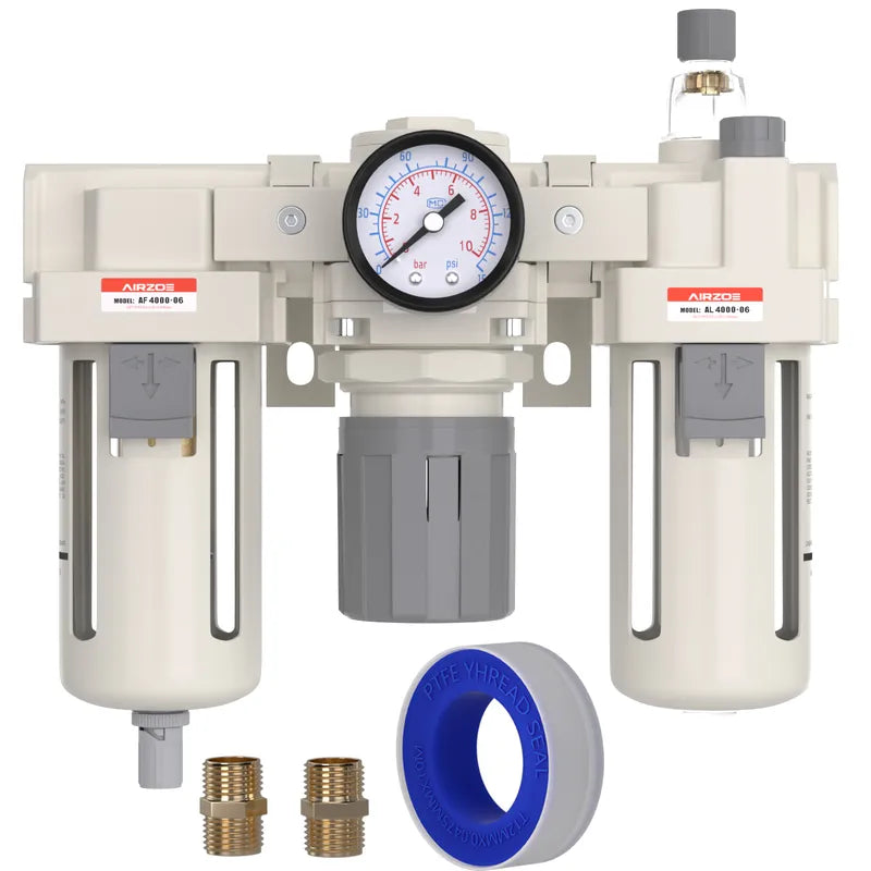 airzoe AC4000-06 3/4 inch NPT air compressor filter, regulator and lubricator combo kit with 0-150 PSI gauge, 5 micron brass element, semi-auto drain and fittings