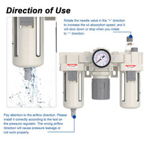 Airflow direction and oil volume adjustment warning for airzoe AC4000-06 air compressor filter regulator lubricator combo