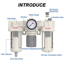 Parts structure of airzoe AC4000-06 FRL combo with filter body, lubricator body, metal gauge, pressure regulating knob, oil volume adjustment and semi-auto drain