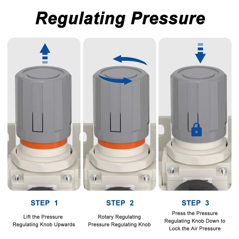 Pressure regulating instructions for airzoe AC4000-06 air compressor filter regulator lubricator combo showing lift, rotate and press knob steps