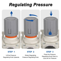 Pressure regulating instructions for airzoe AC4000-06 air compressor filter regulator lubricator combo showing lift, rotate and press knob steps