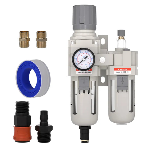 airzoe AC4010-04 1/2 inch NPT compressed air filter regulator lubricator combo kit with 0-145 PSI gauge, 5 micron brass element, auto drain and fittings