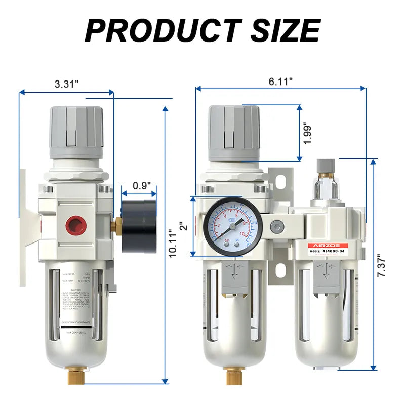 Size dimensions of airzoe AC4010-04 1/2 inch NPT compressed air filter regulator lubricator combo with 0-145 PSI gauge