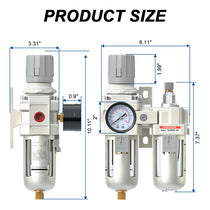 Size dimensions of airzoe AC4010-04 1/2 inch NPT compressed air filter regulator lubricator combo with 0-145 PSI gauge