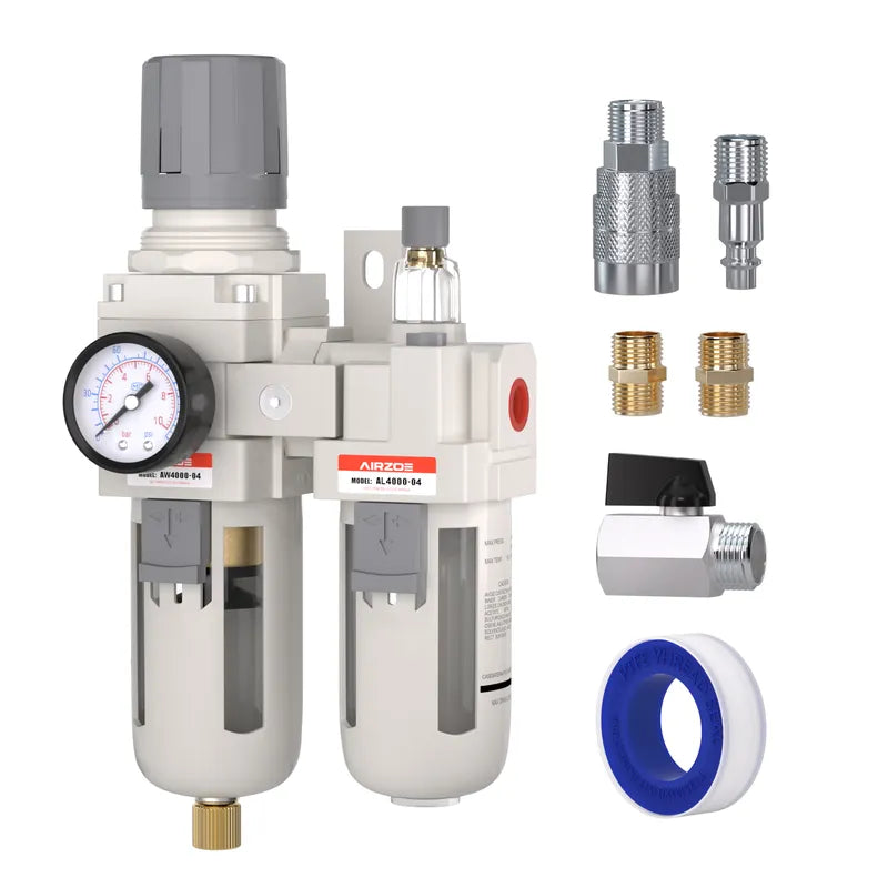 airzoe AC4010-04 1/2 inch NPT compressed air filter regulator lubricator combo kit with 0-145 PSI gauge, 5 micron brass element, semi-auto drain and fittings