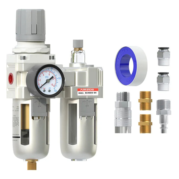 airzoe AC4010-04 1/2 inch NPT compressed air filter regulator lubricator combo kit with 0-145 PSI gauge, 5 micron brass element, semi-auto drain and fittings