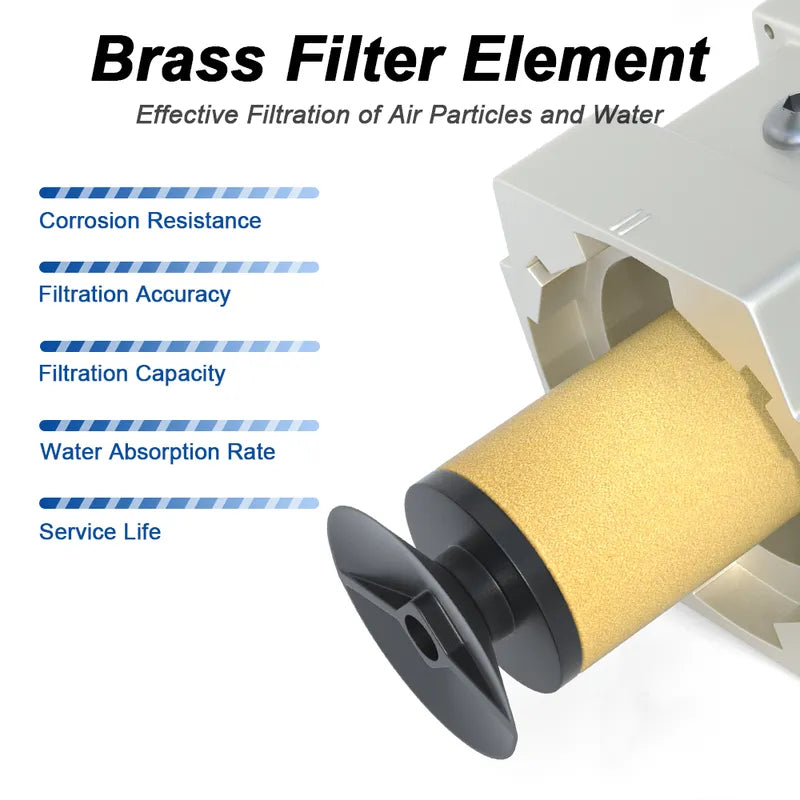 5 micron brass filter element of airzoe AC4010-04 compressed air filter regulator lubricator combo for filtering air particles and water