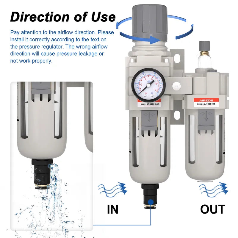 Airflow direction and auto drain warning for airzoe AC4010-04 compressed air filter regulator lubricator combo showing correct IN and OUT installation direction