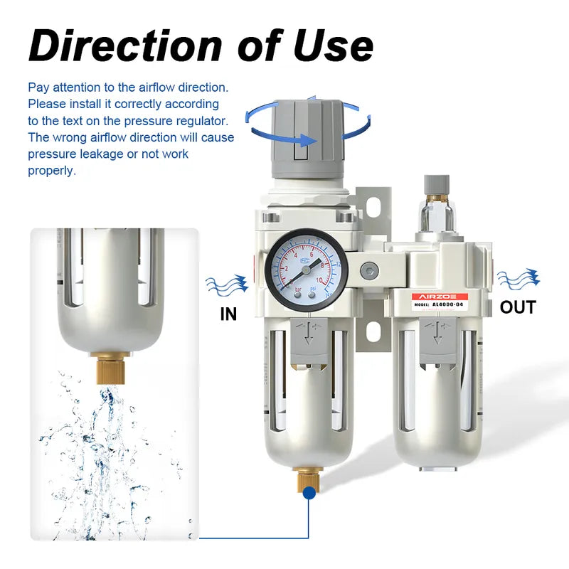 Airflow direction and semi-auto drain warning for airzoe AC4010-04 compressed air filter regulator lubricator combo showing correct IN and OUT installation direction