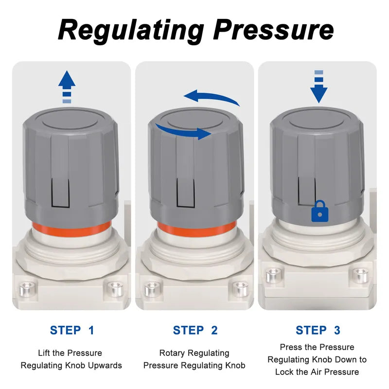 Pressure regulating instructions for airzoe AC4010-04 compressed air filter regulator lubricator combo showing lift, rotate and press knob steps