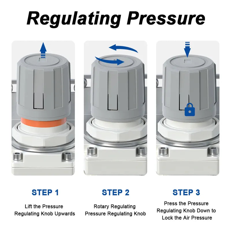Pressure regulating instructions for airzoe AC4010-04 compressed air filter regulator lubricator combo showing lift, rotate and press knob steps