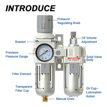 Parts structure of airzoe AC4010-04 filter regulator lubricator combo with pressure regulating knob, precision pressure gauge, filter element, oil volume adjustment, oil cup and semi-auto drain