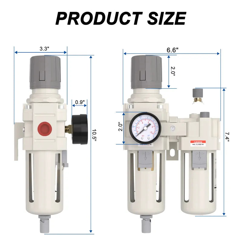 Size dimensions of airzoe AC4010-06 3/4 inch NPT compressed air filter regulator lubricator combo with 0-145 PSI gauge