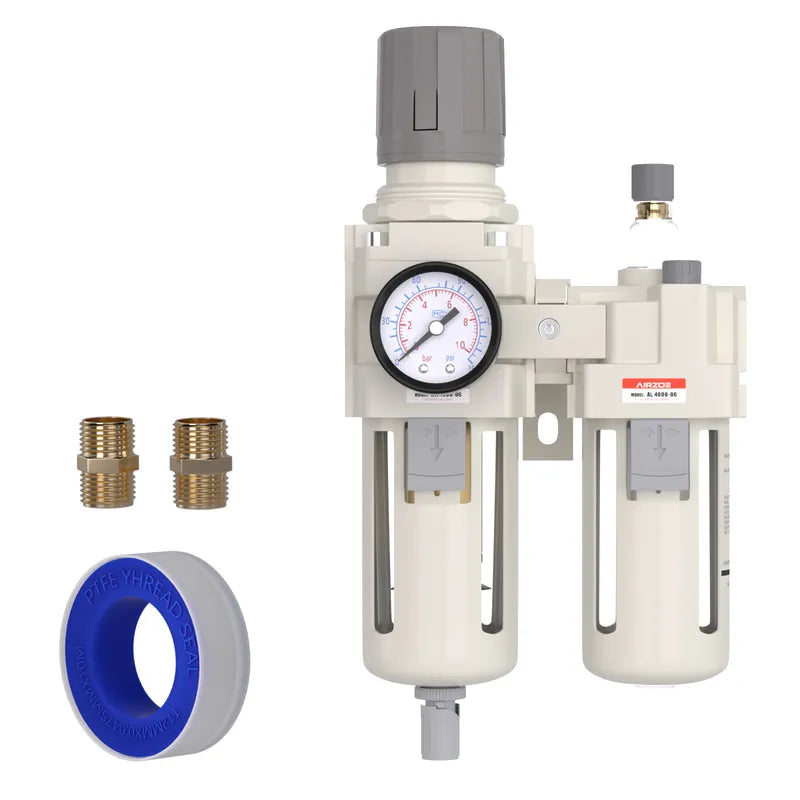 airzoe AC4010-06 3/4 inch NPT compressed air filter regulator lubricator combo kit with 0-145 PSI gauge, 5 micron brass element, semi-auto drain and fittings
