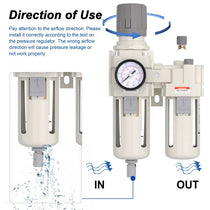 Airflow direction and semi-auto drain warning for airzoe AC4010-06 compressed air filter regulator lubricator combo showing correct IN and OUT installation direction