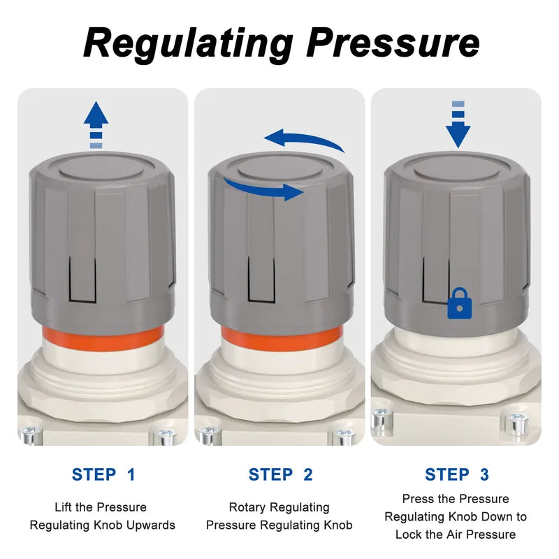 Pressure regulating instructions for airzoe AC4010-06 compressed air filter regulator lubricator combo showing lift, rotate and press knob steps
