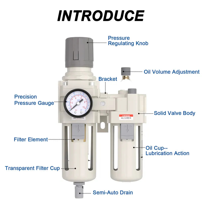 Parts structure of airzoe AC4010-06 filter regulator lubricator combo with pressure regulating knob, precision pressure gauge, filter element, oil volume adjustment, oil cup and semi-auto drain