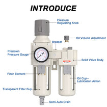 Parts structure of airzoe AC4010-06 filter regulator lubricator combo with pressure regulating knob, precision pressure gauge, filter element, oil volume adjustment, oil cup and semi-auto drain