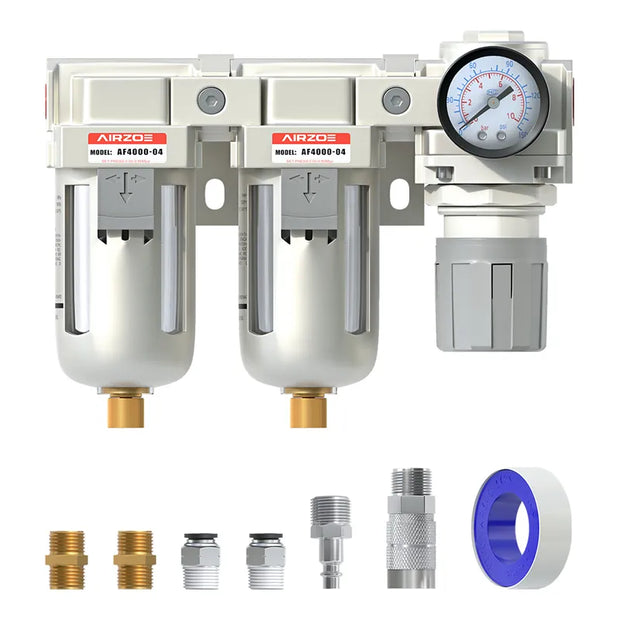 airzoe AC4110-04 1/2 inch NPT double air compressor filter and air pressure regulator combo kit with 0-145 PSI gauge, 5 micron brass element, semi-auto drain and fittings
