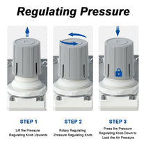 Pressure regulating instructions for airzoe AC4110-04 air pressure regulator combo showing lift, rotate and press knob steps