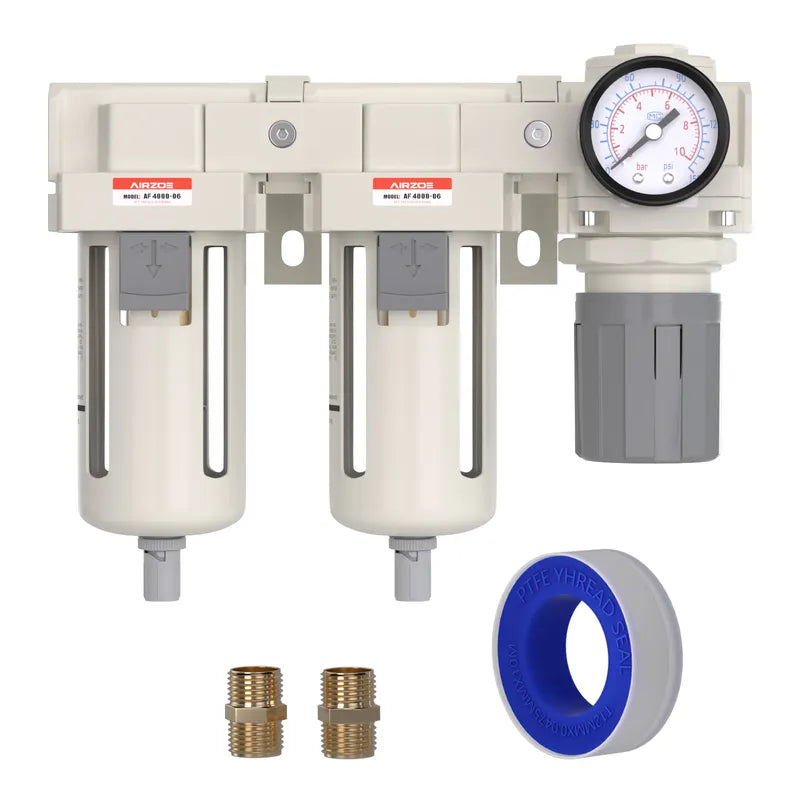 airzoe AC4110-06 3/4 inch NPT double air compressor filter and air pressure regulator combo kit with 0-145 PSI gauge, 5 micron brass element, semi-auto drain and fittings