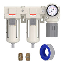 airzoe AC4110-06 3/4 inch NPT double air compressor filter and air pressure regulator combo kit with 0-145 PSI gauge, 5 micron brass element, semi-auto drain and fittings