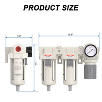 Size dimensions of airzoe AC4110-06 3/4 inch NPT double air compressor filter and air pressure regulator combo with 0-145 PSI gauge