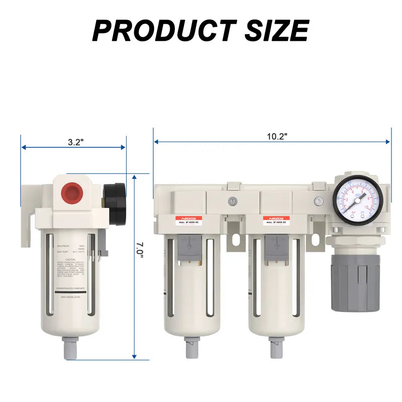 Size dimensions of airzoe AC4110-06 3/4 inch NPT double air compressor filter and air pressure regulator combo with 0-145 PSI gauge