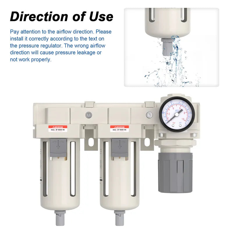 Airflow direction and semi-auto drain warning for airzoe AC4110-06 double air compressor filter and pressure regulator combo