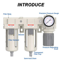 Parts structure of airzoe AC4110-06 double air compressor filter and pressure regulator combo with filter body, filter element, transparent filter cup, pressure gauge and semi-auto drain