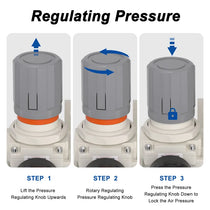 Pressure regulating instructions for airzoe AC4110-06 air pressure regulator combo showing lift, rotate and press knob steps