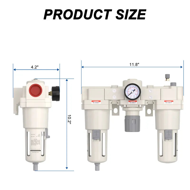Size dimensions of airzoe AC5000-10 1 inch NPT FRL filter regulator lubricator combo for compressed air systems