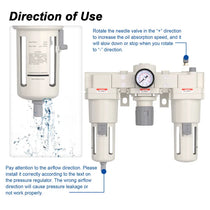 Airflow direction and oil volume adjustment warning for airzoe AC5000-10 air compressor filter regulator lubricator combo