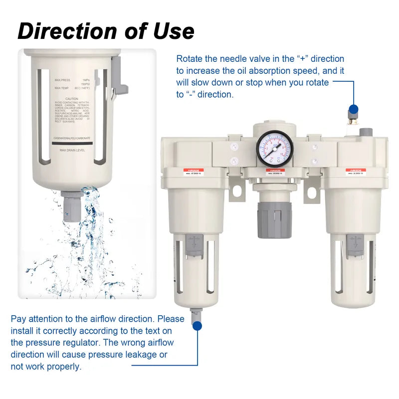 Airflow direction and oil volume adjustment warning for airzoe AC5000-10 air compressor filter regulator lubricator combo